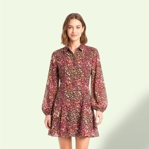 Cato Berry Floral Long-Sleeve Button Dress